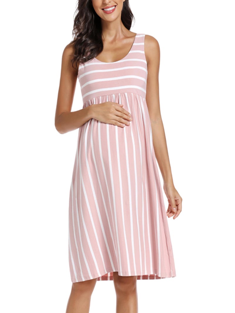 Ecavus Womens Maternity Tank Dress Stripe Color Block Sleeveless Knee Length for Baby Shower - Image 1